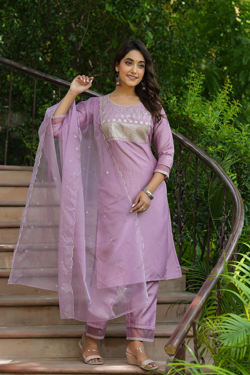 Mauve Poly Silk Solid Sequin Straight Suit Set PKSKD1158