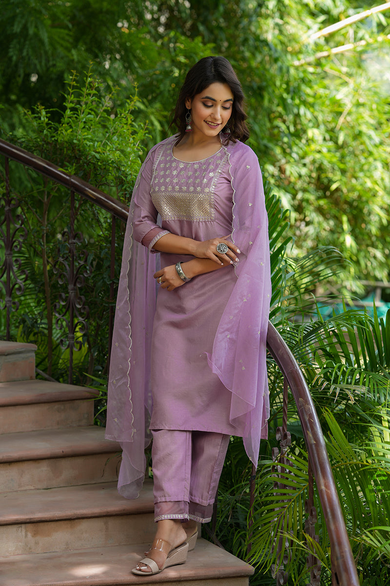 Mauve Poly Silk Solid Sequin Straight Suit Set PKSKD1158