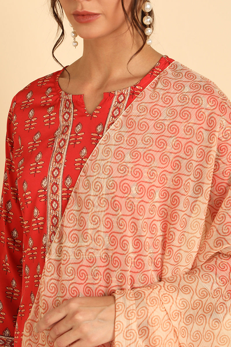 AHIKA Women Red Printed Kurta Trousers With Dupatta