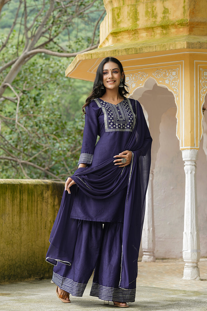 AHIKA Women Navy Blue Solid Embroidered Kurta Sharara With Dupatta