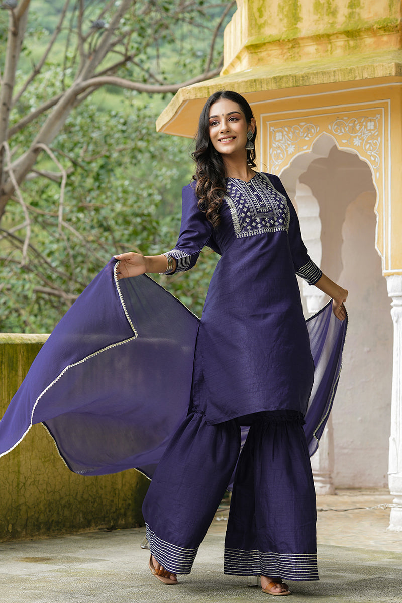 AHIKA Women Navy Blue Solid Embroidered Kurta Sharara With Dupatta