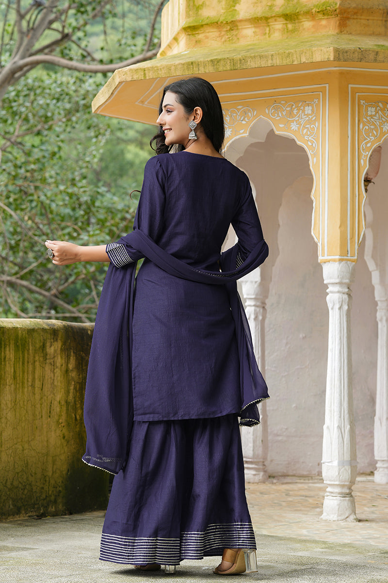 AHIKA Women Navy Blue Solid Embroidered Kurta Sharara With Dupatta