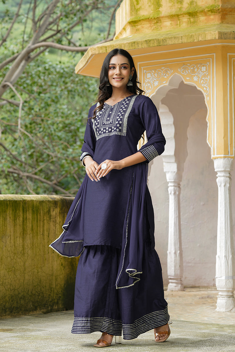 AHIKA Women Navy Blue Solid Embroidered Kurta Sharara With Dupatta