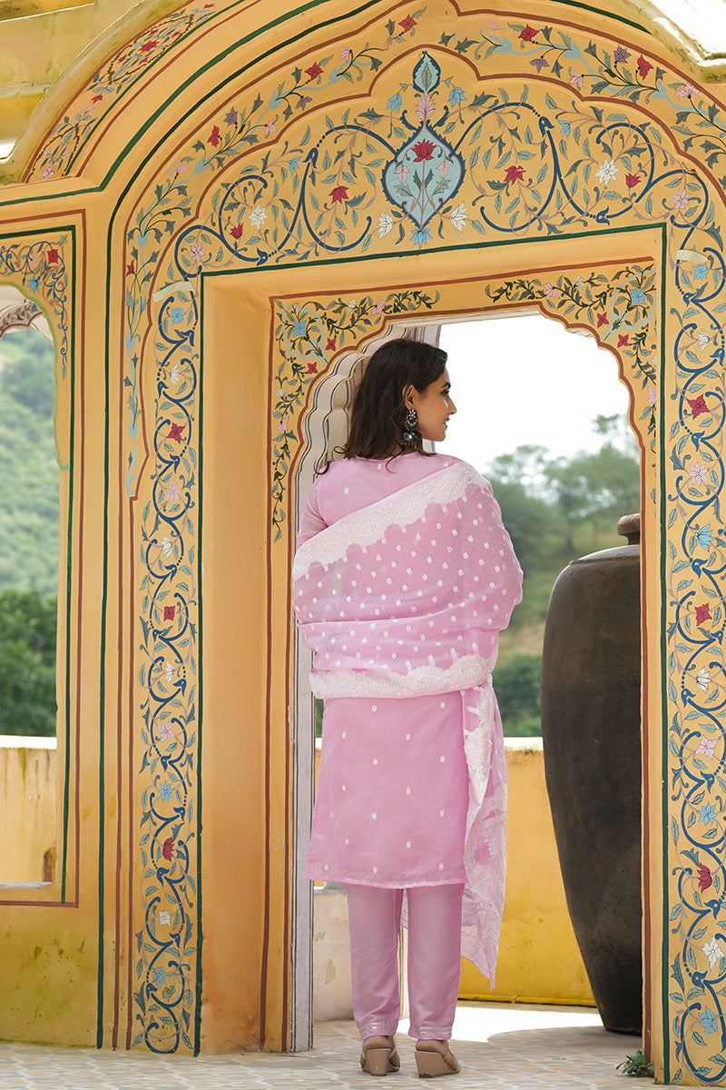 AHIKA Women Pink Woven Design Kurta Trousers With Dupatta