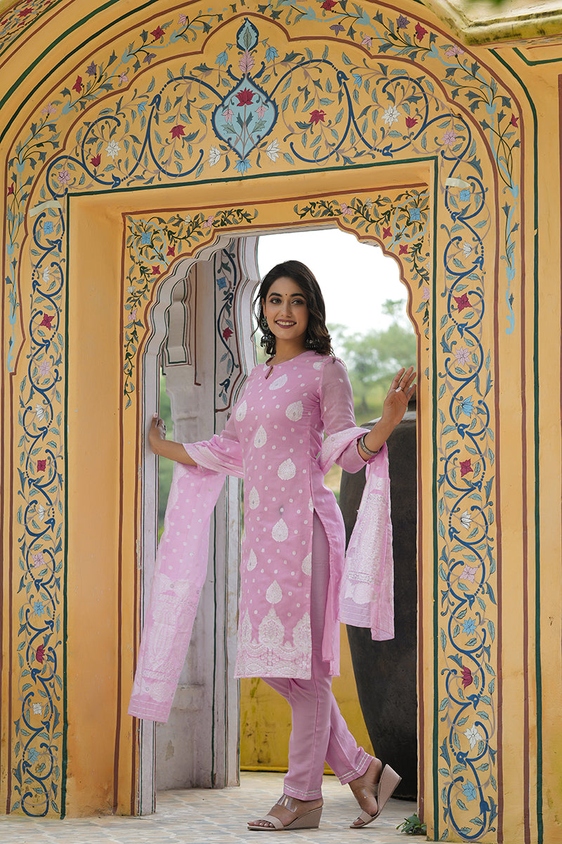 AHIKA Women Pink Woven Design Kurta Trousers With Dupatta