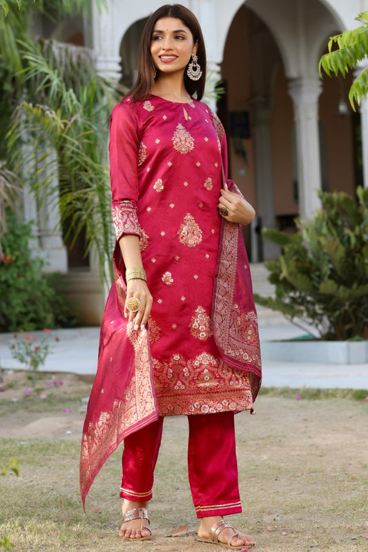AHIKA Women Maroon Woven Design Kurta Trousers With Dupatta