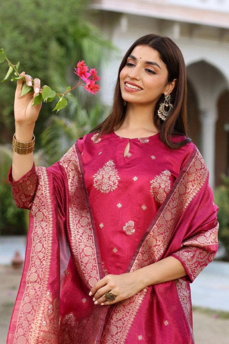 AHIKA Women Maroon Woven Design Kurta Trousers With Dupatta