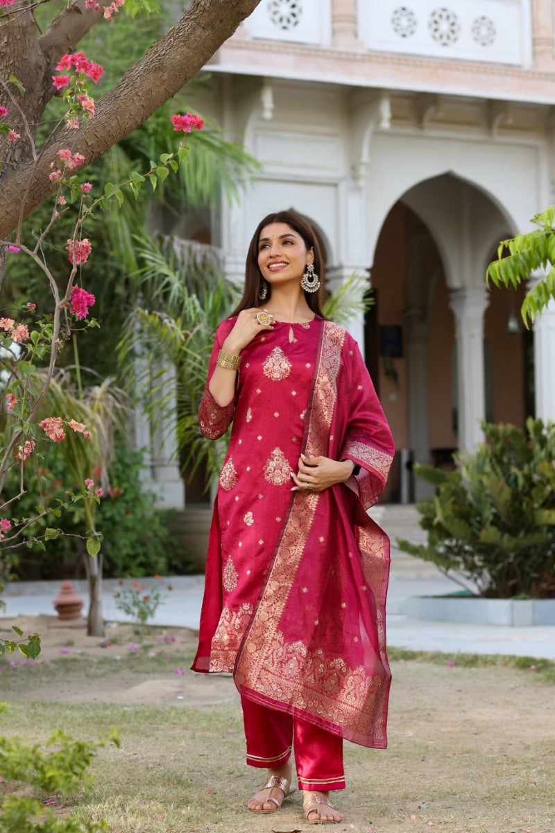AHIKA Women Maroon Woven Design Kurta Trousers With Dupatta