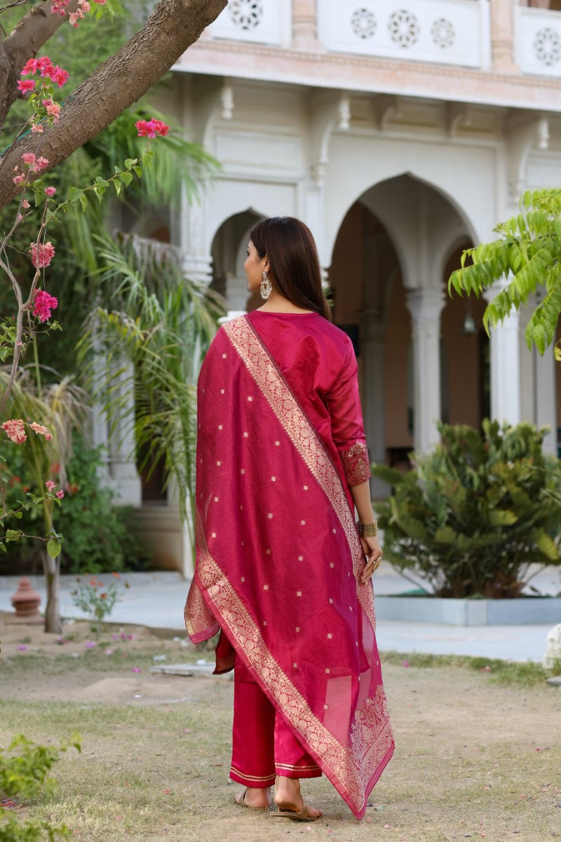 AHIKA Women Maroon Woven Design Kurta Trousers With Dupatta