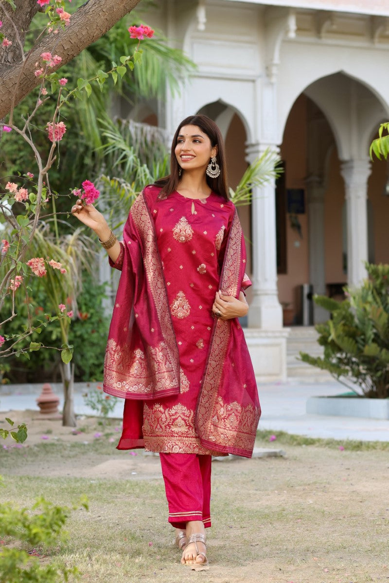 AHIKA Women Maroon Woven Design Kurta Trousers With Dupatta