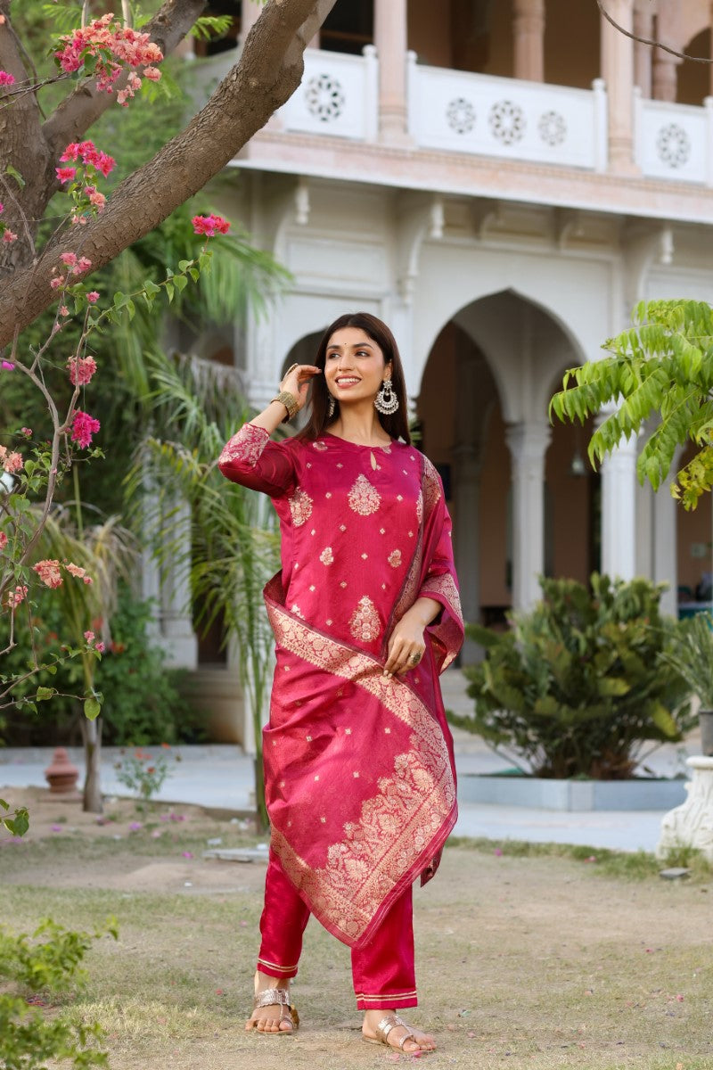 AHIKA Women Maroon Woven Design Kurta Trousers With Dupatta
