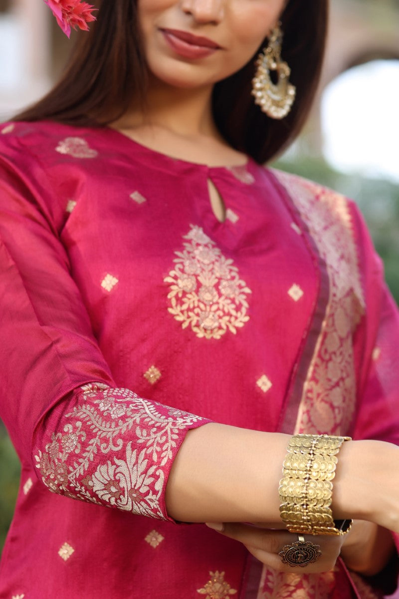 AHIKA Women Maroon Woven Design Kurta Trousers With Dupatta