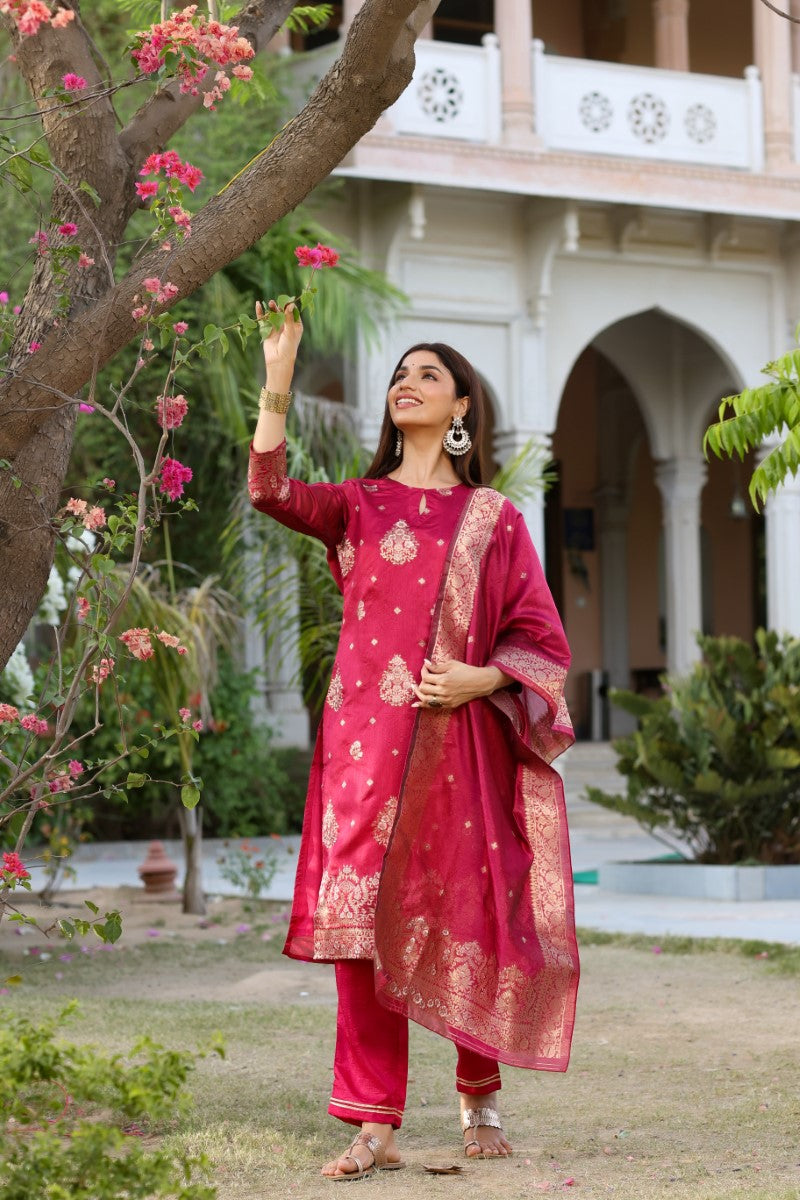 AHIKA Women Maroon Woven Design Kurta Trousers With Dupatta