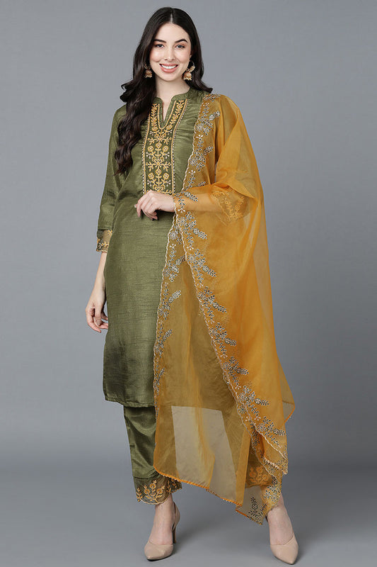Ahika Women Olive Poly Silk Embroidered Kurta Trousers With Dupatta 