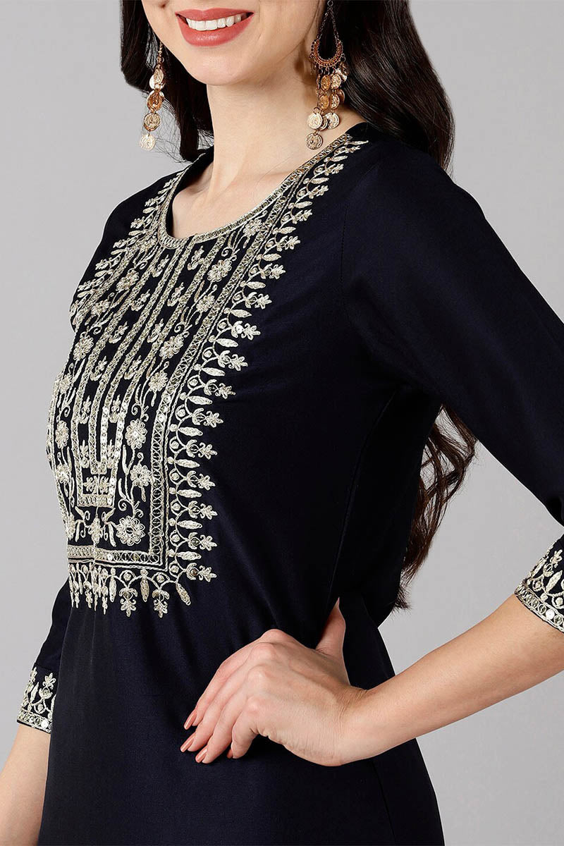 Navy Blue Polyester Straight Kurta Pant With Dupatta PKSKD1284