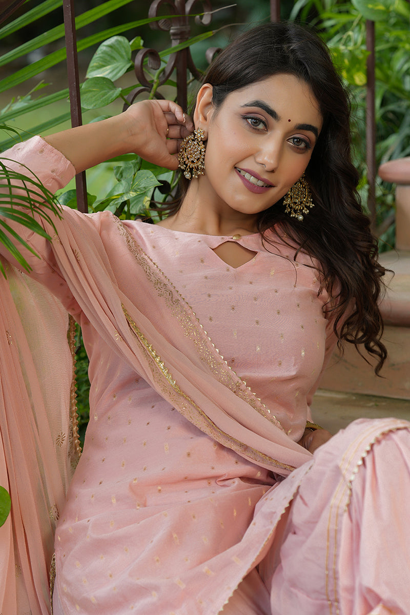 AHIKA Women Pink Woven Design Kurta Sharara With Dupatta