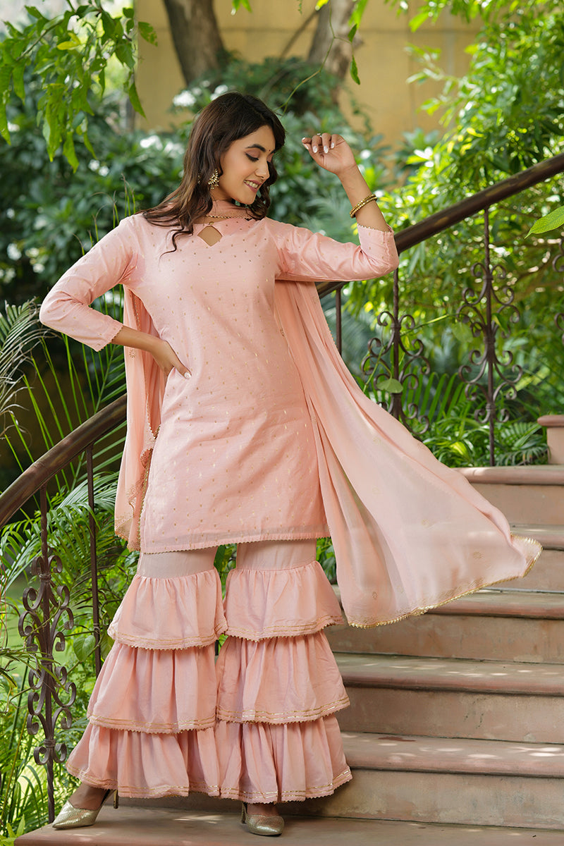 AHIKA Women Pink Woven Design Kurta Sharara With Dupatta