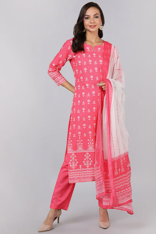 AHIKA Women Pink Printed Kurta Trousers With Dupatta