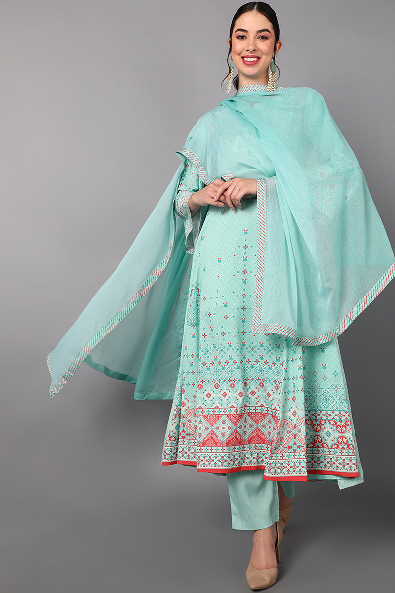 AHIKA Women Sea Green Floral Printed Regular Kurti with Trousers & With Dupatta