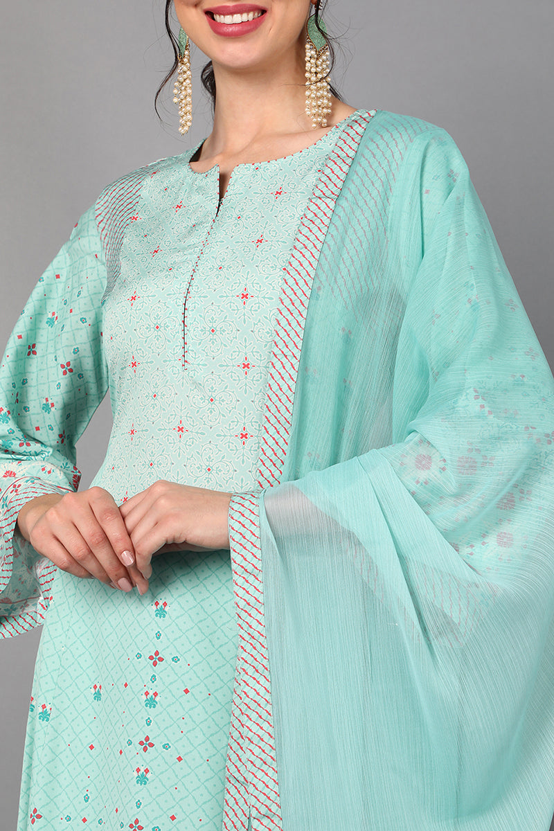AHIKA Women Sea Green Floral Printed Regular Kurti with Trousers & With Dupatta