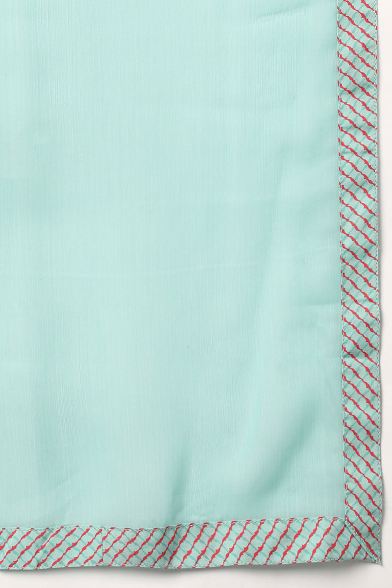 AHIKA Women Sea Green Floral Printed Regular Kurti with Trousers & With Dupatta