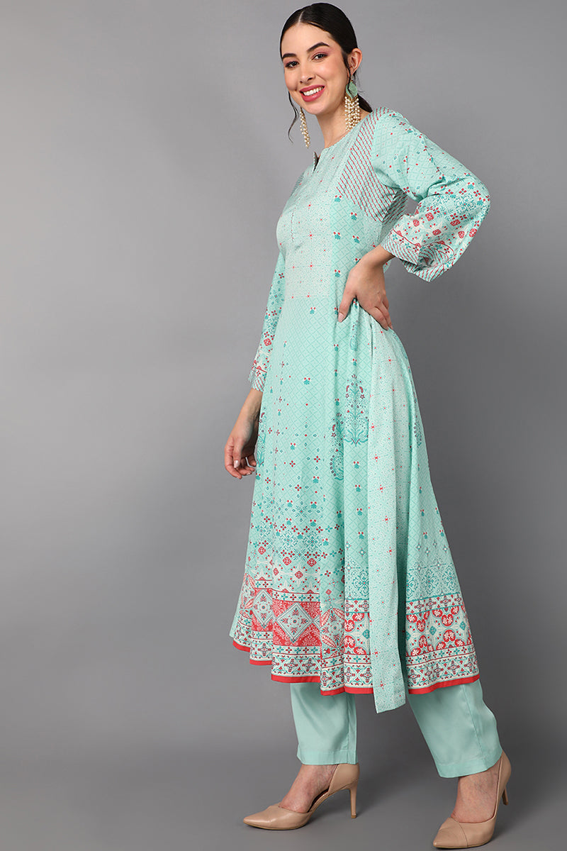 AHIKA Women Sea Green Floral Printed Regular Kurti with Trousers & With Dupatta