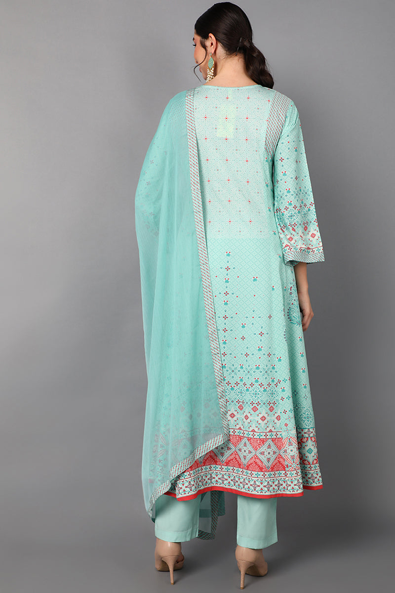 AHIKA Women Sea Green Floral Printed Regular Kurti with Trousers & With Dupatta