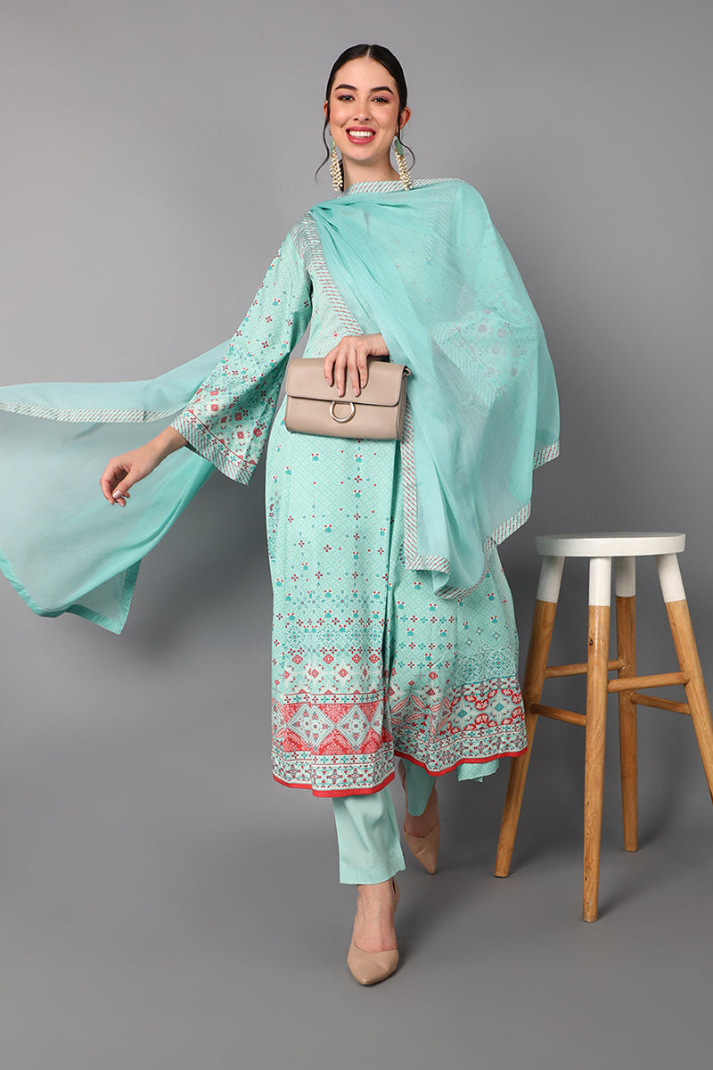 AHIKA Women Sea Green Floral Printed Regular Kurti with Trousers & With Dupatta