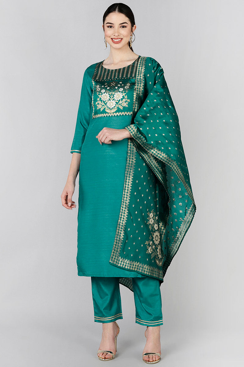 Teal Poly Silk Yoke Design Straight Suit Set PKSKD1372