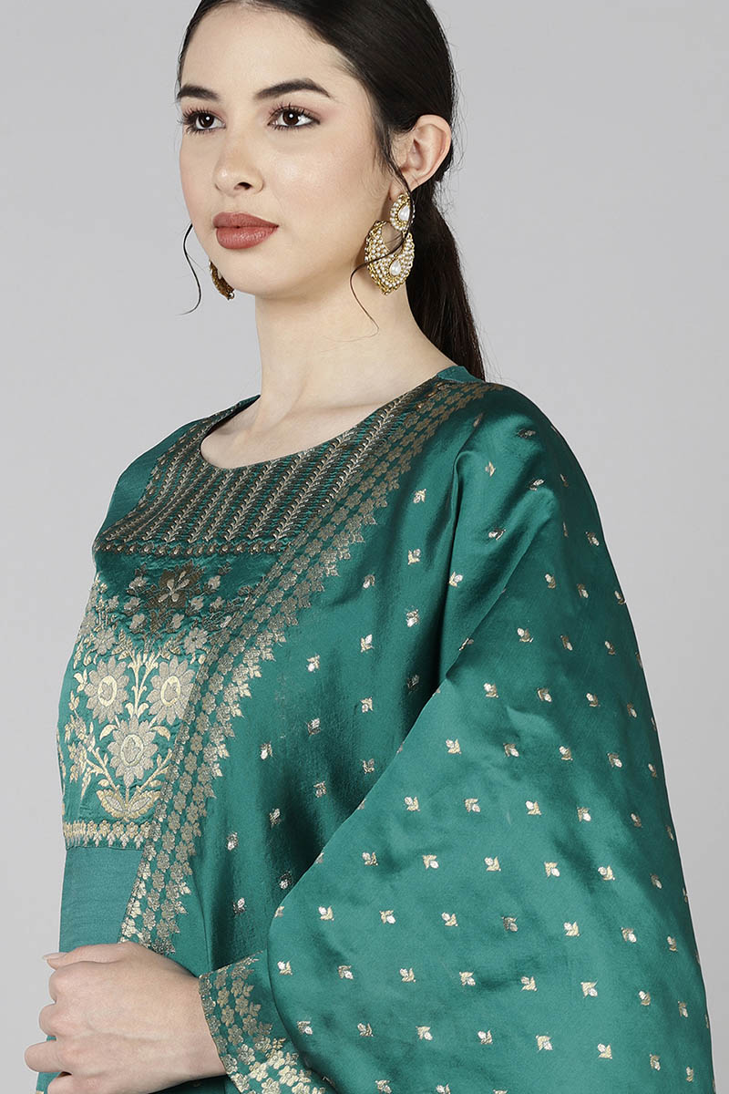 Teal Poly Silk Yoke Design Straight Suit Set PKSKD1372