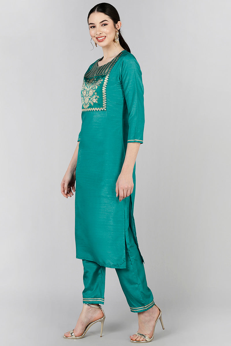 Teal Poly Silk Yoke Design Straight Suit Set PKSKD1372