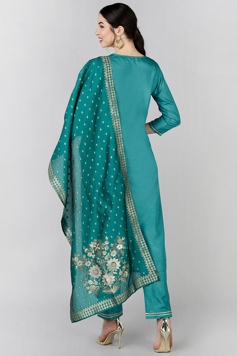 Teal Poly Silk Yoke Design Straight Suit Set PKSKD1372