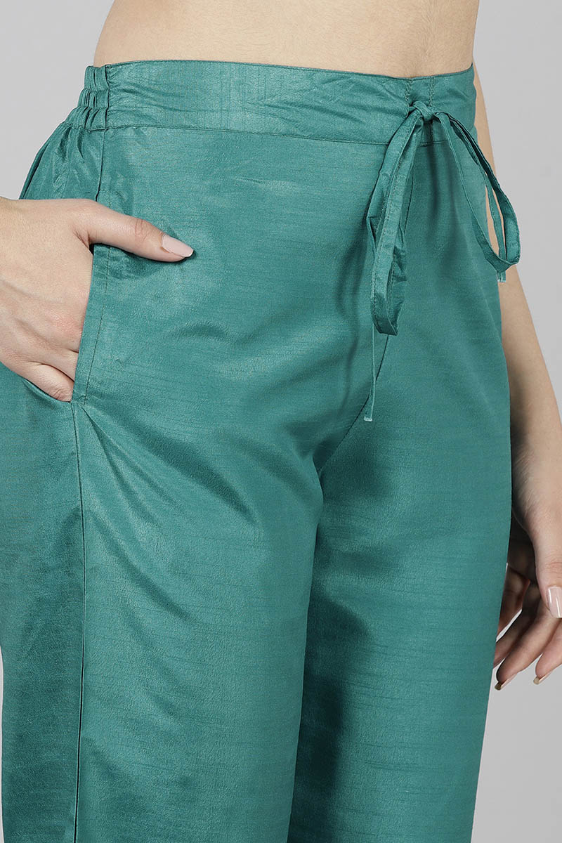 Teal Poly Silk Yoke Design Straight Suit Set PKSKD1372