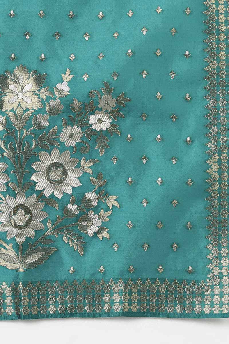 Teal Poly Silk Yoke Design Straight Suit Set PKSKD1372