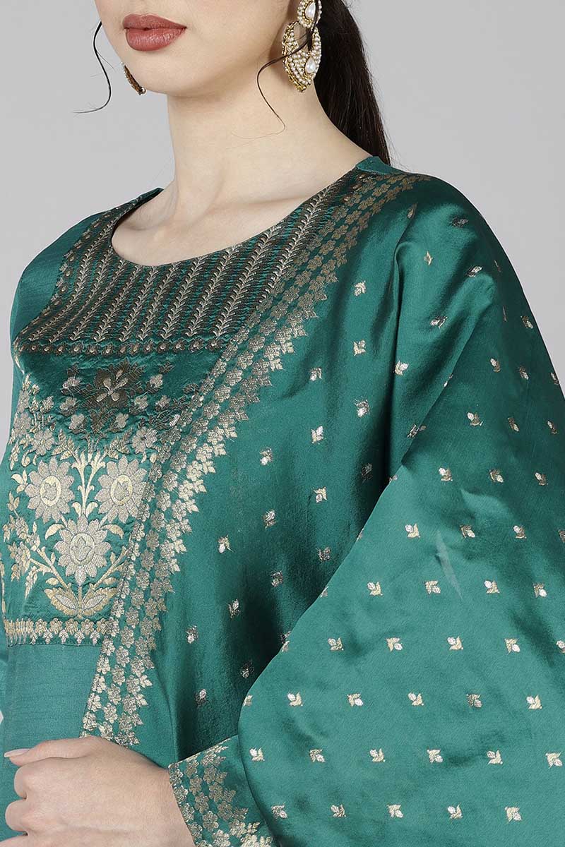 Teal Poly Silk Yoke Design Straight Suit Set PKSKD1372