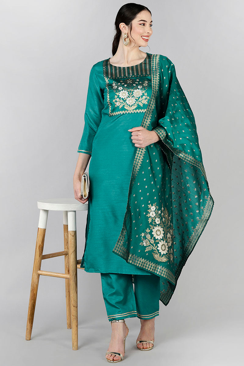 Teal Poly Silk Yoke Design Straight Suit Set PKSKD1372