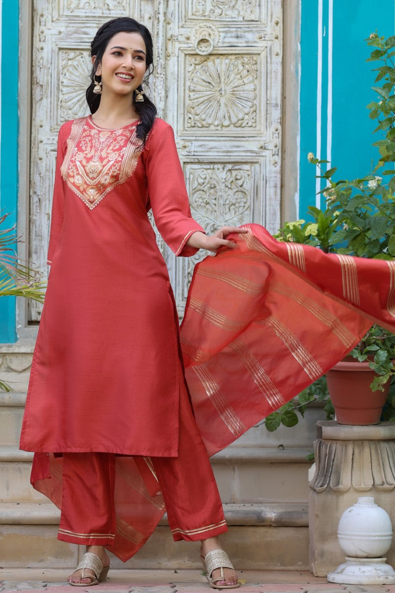 AHIKA Women Rust Ethnic Motifs Yoke Design Kurti with Trouse