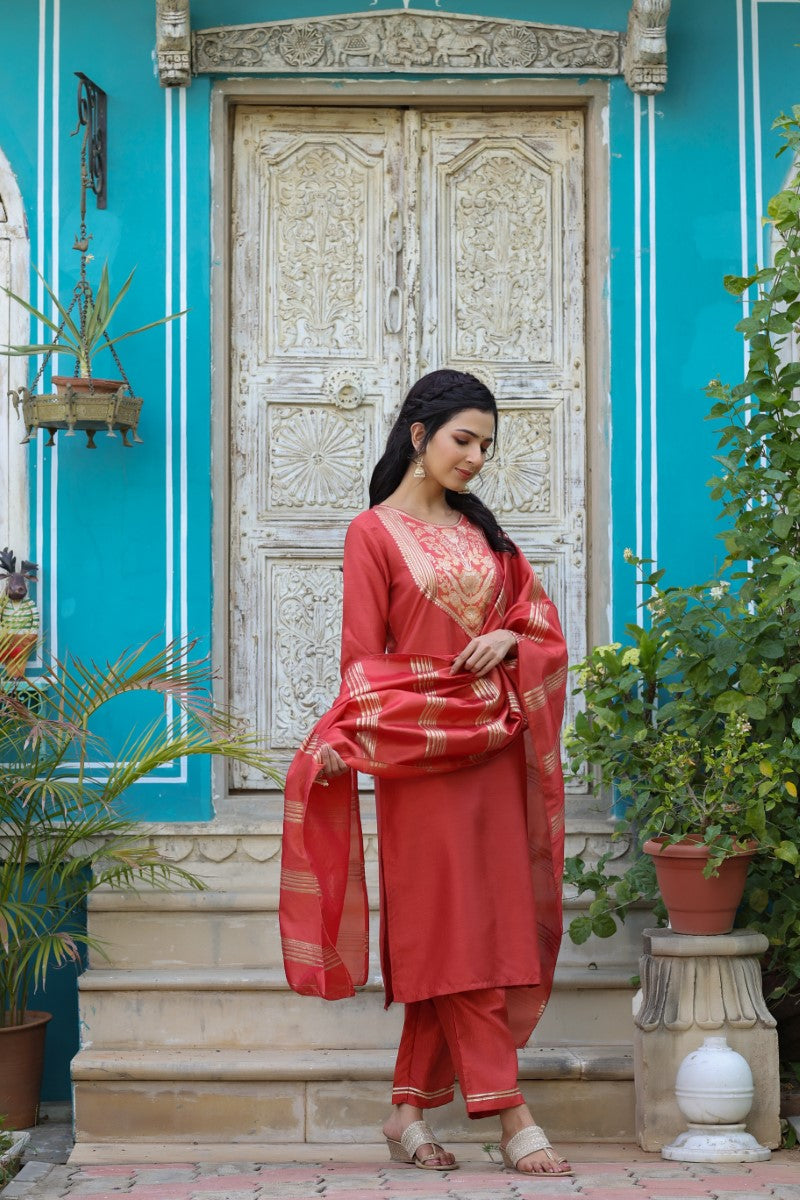 AHIKA Women Rust Ethnic Motifs Yoke Design Kurti with Trouse