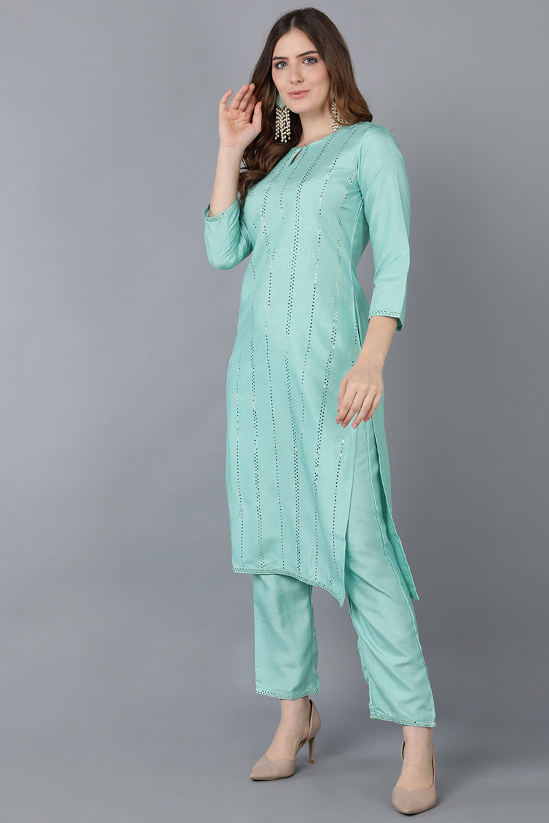 Sea Green Poly Silk Straight Suit Set PKSKD1384