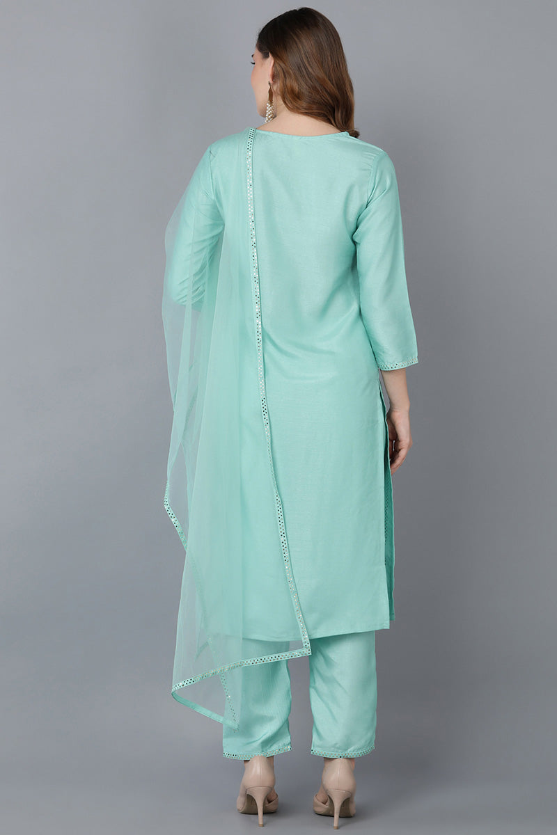 Sea Green Poly Silk Straight Suit Set PKSKD1384