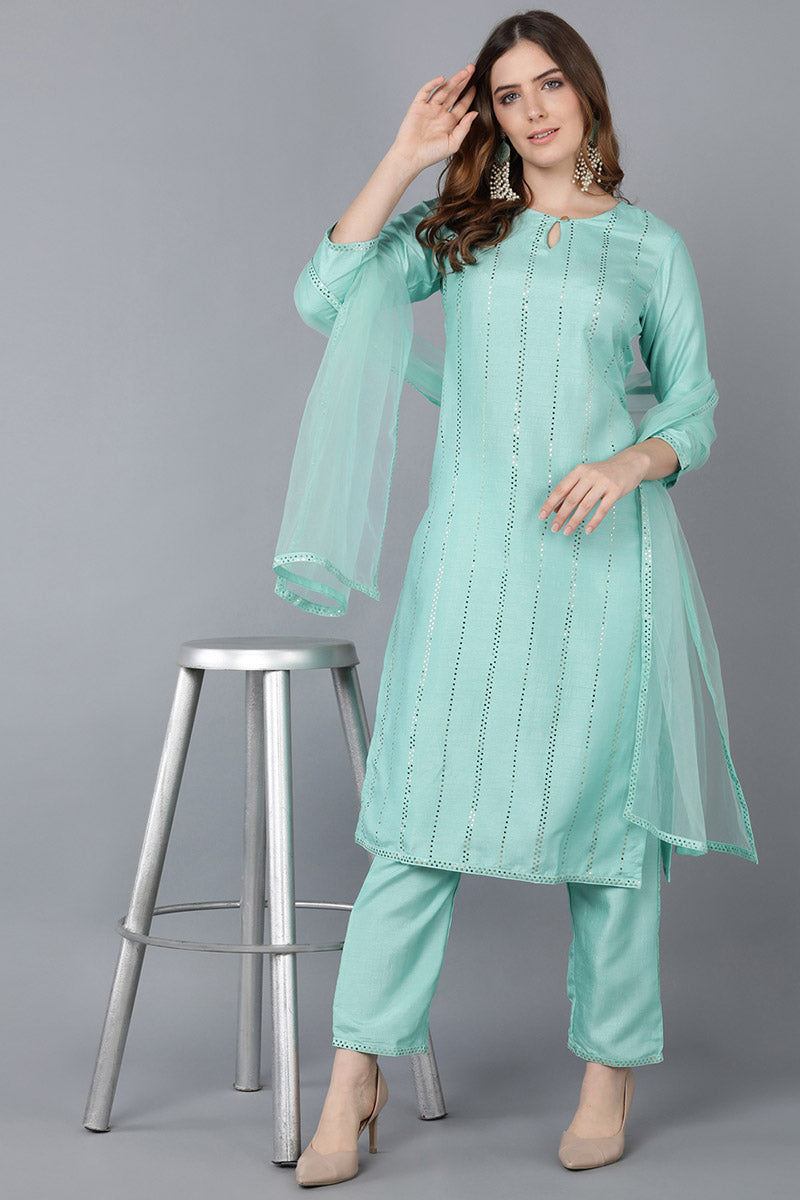 Sea Green Poly Silk Straight Suit Set PKSKD1384