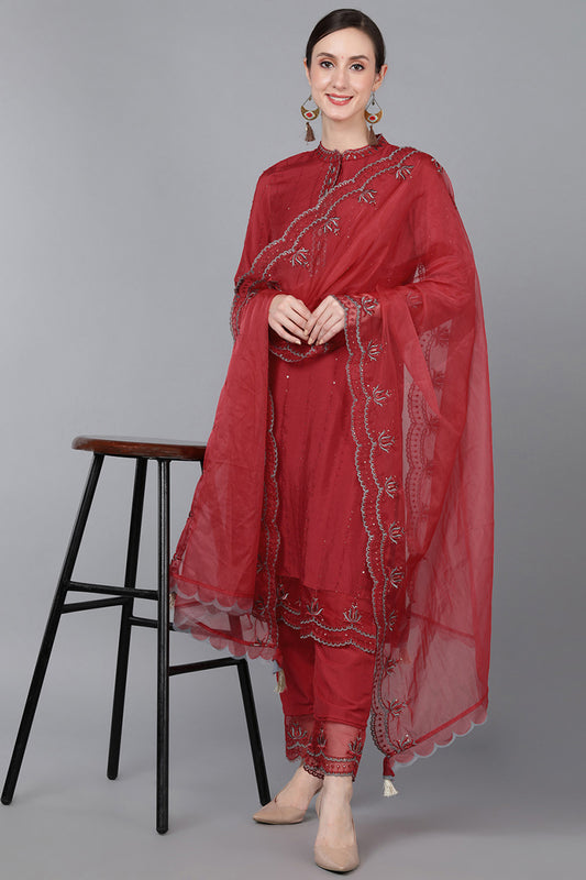 Red Poly Silk Sequin Embroidery Straight Suit Set PKSKD1387