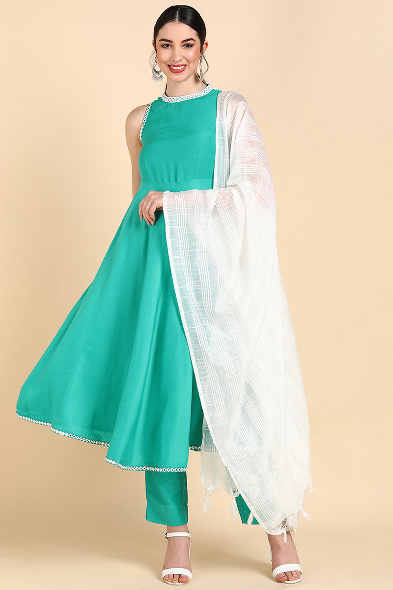 AHIKA Women Sea Green Solid Kurta Trousers With Dupatta