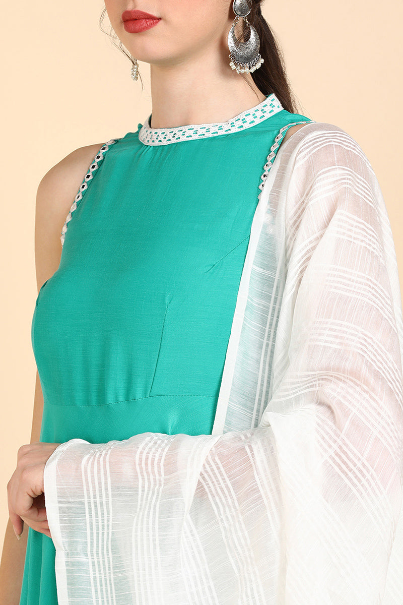 AHIKA Women Sea Green Solid Kurta Trousers With Dupatta