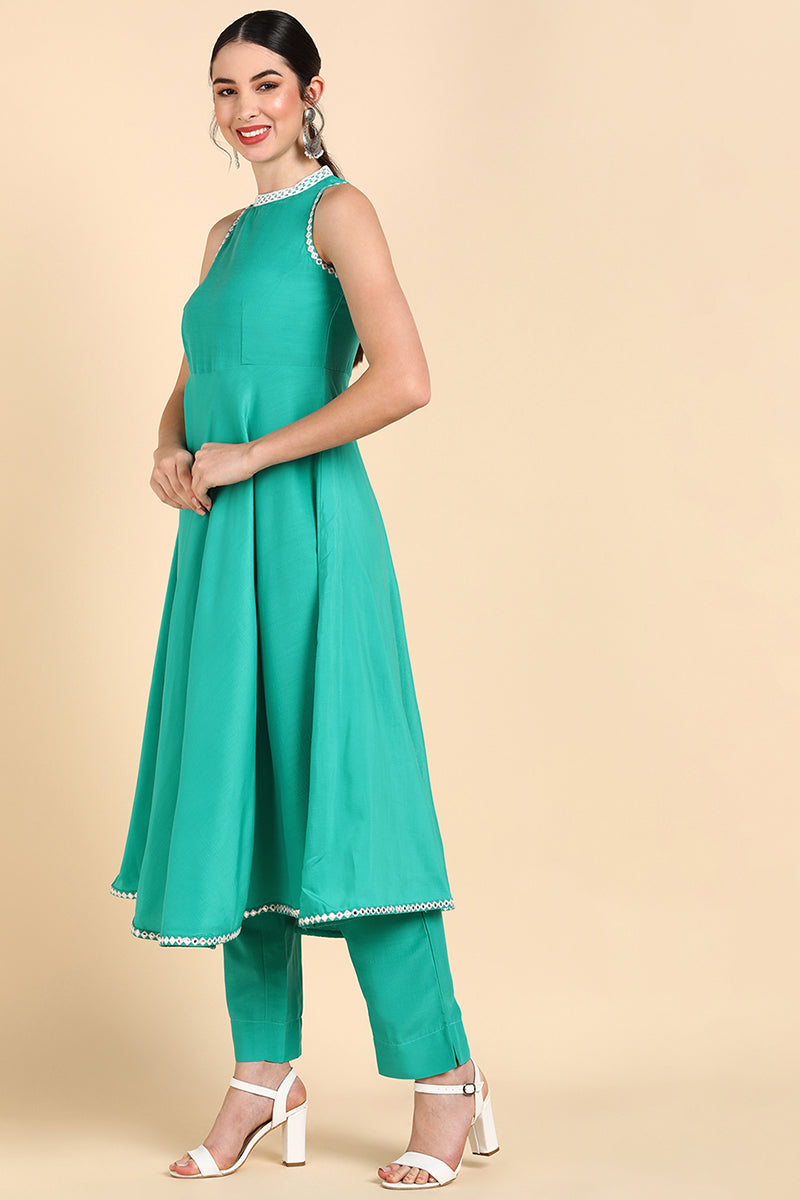 AHIKA Women Sea Green Solid Kurta Trousers With Dupatta