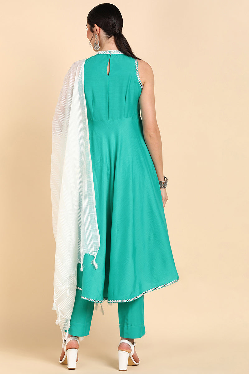 AHIKA Women Sea Green Solid Kurta Trousers With Dupatta