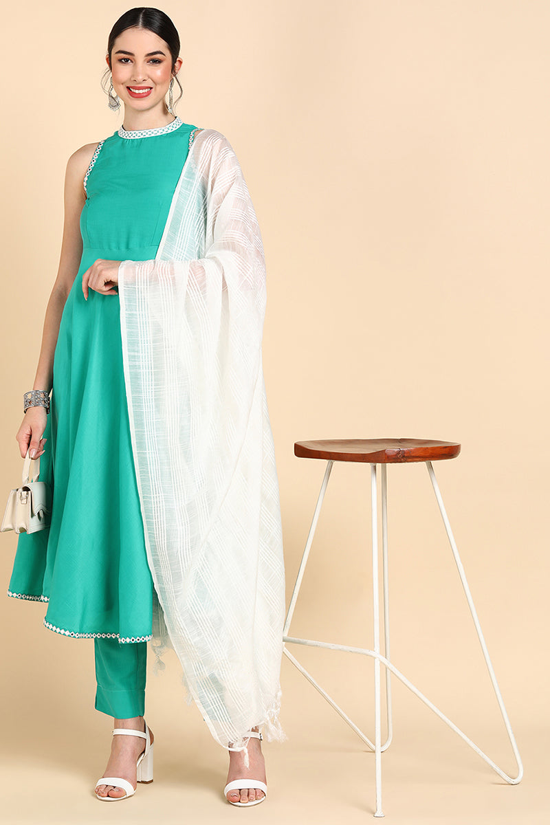 AHIKA Women Sea Green Solid Kurta Trousers With Dupatta