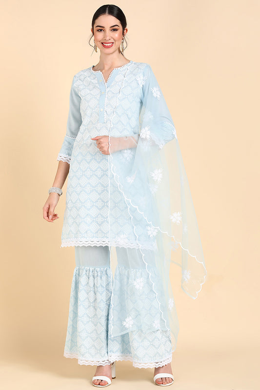 AHIKA Women Blue Printed Kurta Sharara With Dupatta