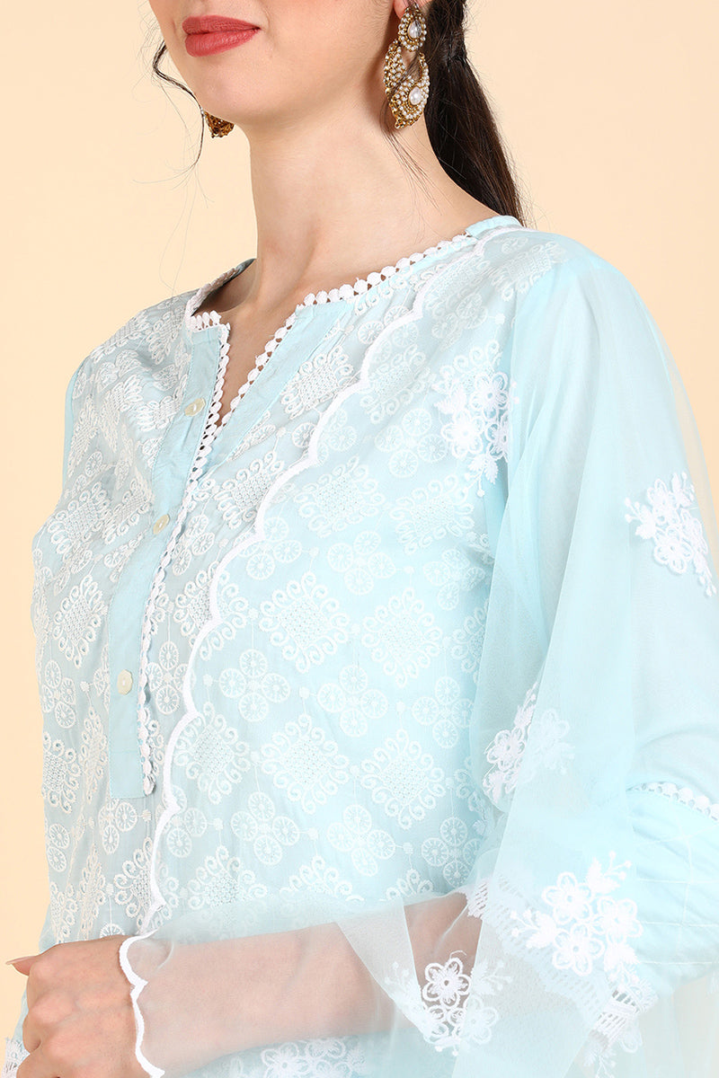 AHIKA Women Blue Printed Kurta Sharara With Dupatta