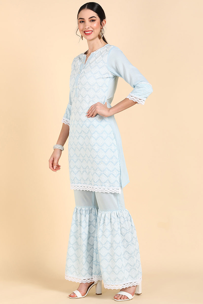 AHIKA Women Blue Printed Kurta Sharara With Dupatta